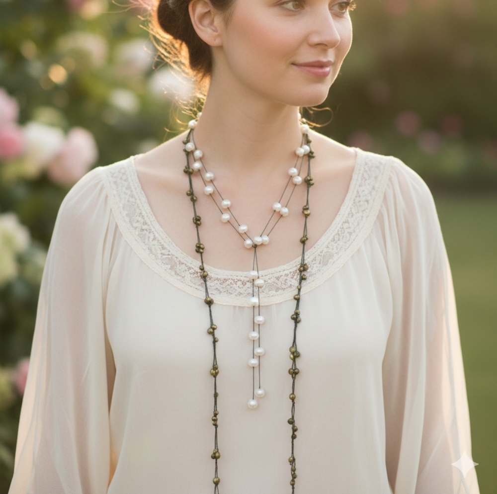 Genuine Freshwater Olive Pearl Lariat Handknit Pearl Scarf - Picture 10 of 11